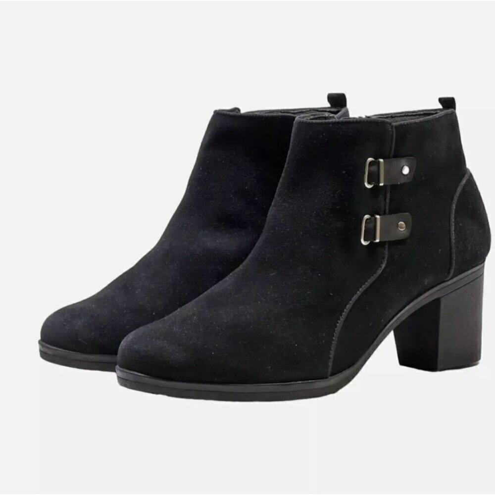 Clarks Black Suede Heeled Ankle Boots Size 10W